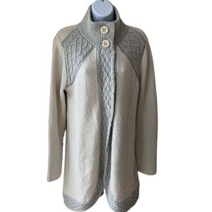 PRANA Cardigan Sweater Wool Angelica‎ Cream & Gray Cableknit Womens Large